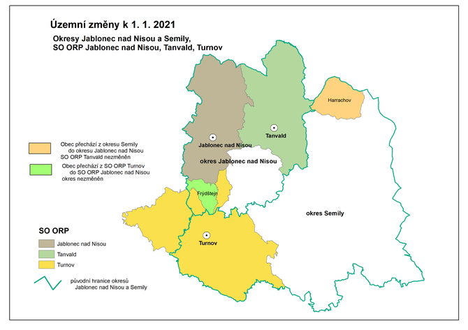 Kartogram - zemn zmny v okresech Jablonec nad Nisou a Semily k 1. 1. 2021 