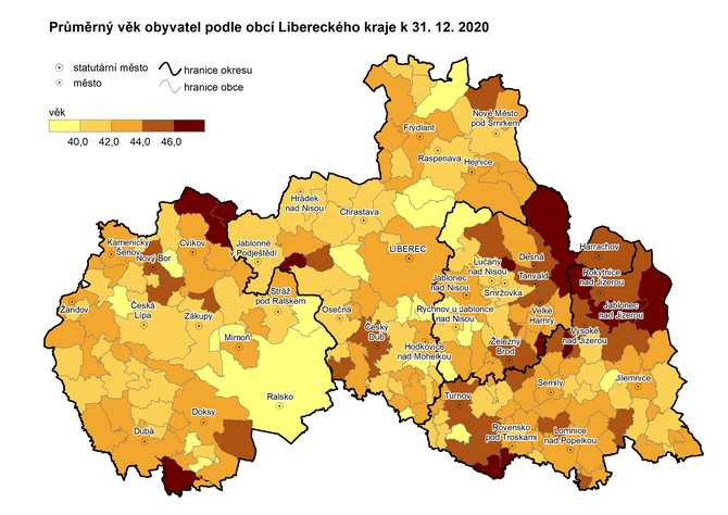 Kartogram: Prmrn vk obyvatel obc Libereckho kraje