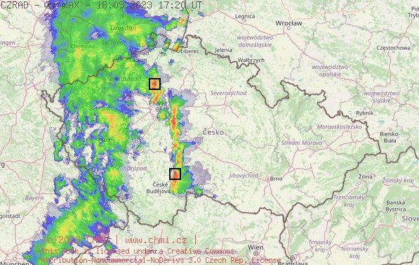 Radarový snímek ČR s kroupy - 18.09.2023 19:20