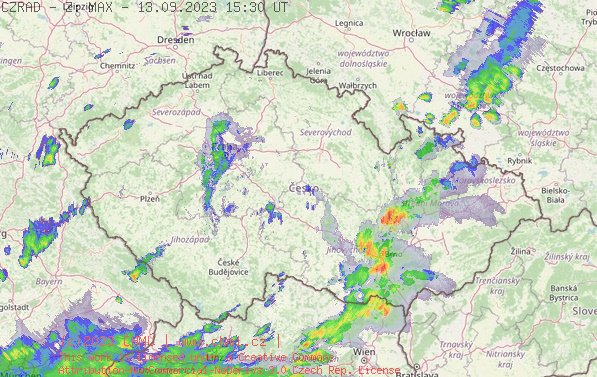 Radarový snímek ČR s kroupy - 13.09.2023 17:30