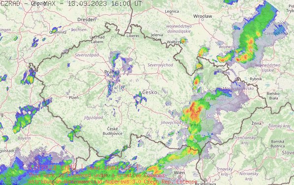 Radarový snímek ČR s kroupy - 13.09.2023 18:00