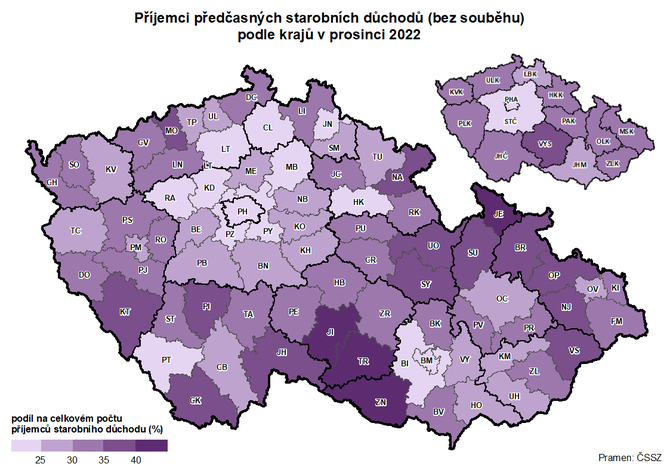 Kartogram: Pjemci pedasnch starobnch dchod (bez soubhu) podle kraj v prosinci 2022