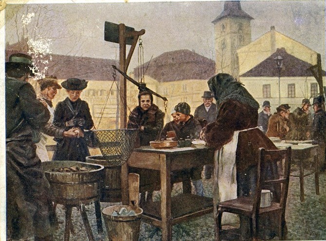 Star pohlednice s prodejem ryb u mlnsk strouhy (zdroj: Archiv msta Plzn)