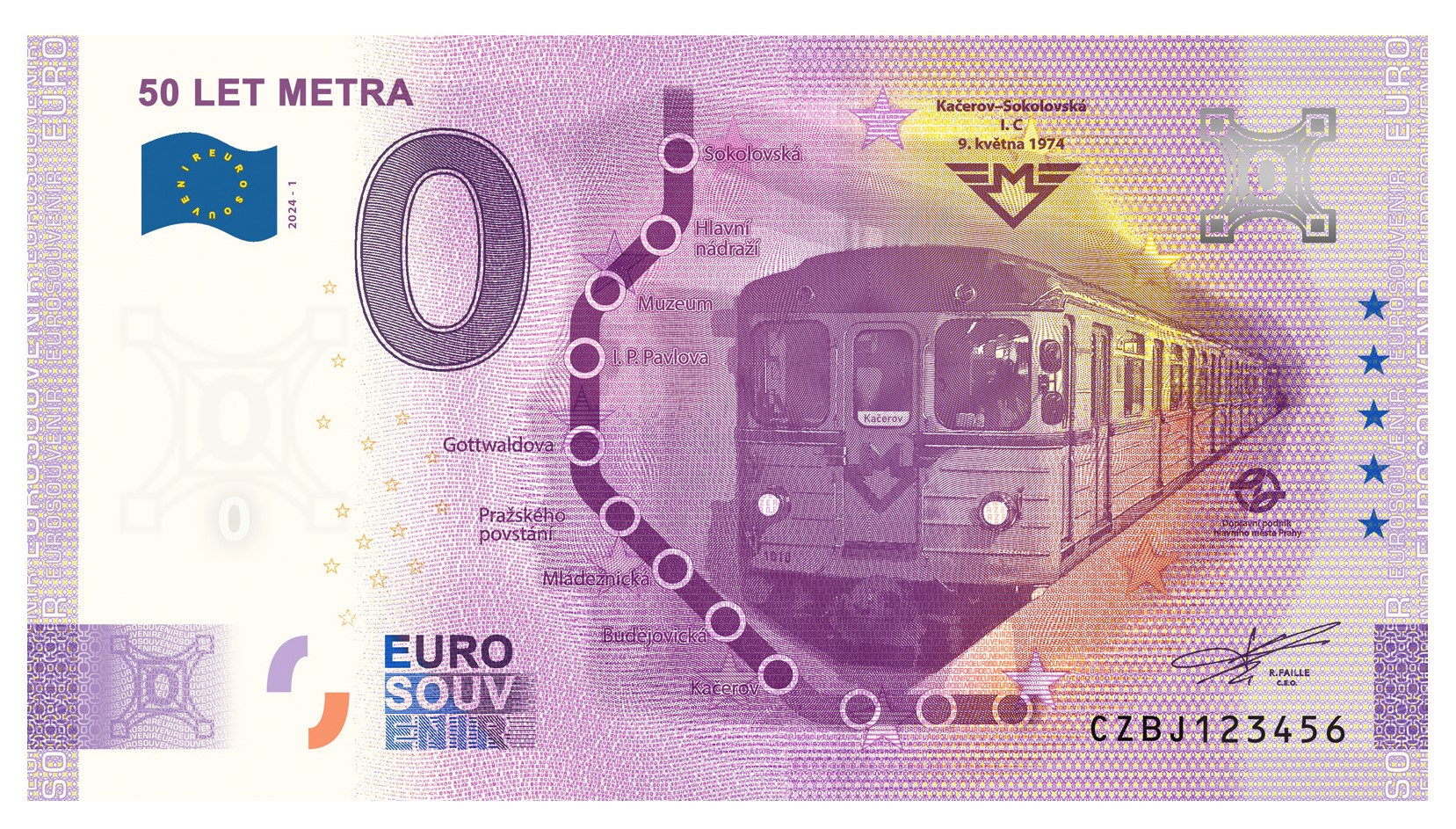 0 euro suvenrov bankovka, kter pipomn 50 let praskho metra