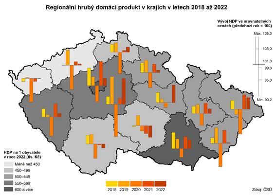 Kartogram Regionln hrub domc produkt v krajch v letech 2018 a 2022