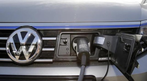 The charging plug of an electric Volkswagen Passat car