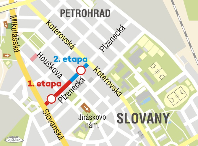 Oprava Plzeneck ulice na Slovanech (mapa)