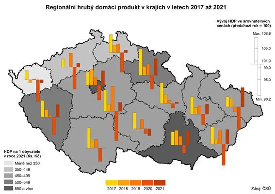 Kartogram Regionální hrubý domácí produkt v krajích v letech 2017 až 2021
