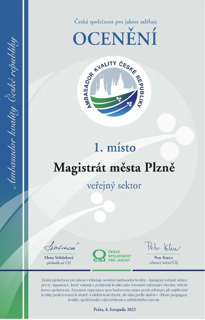 Magistrt msta Plzn je ambasadorem kvality. Foto: MMP