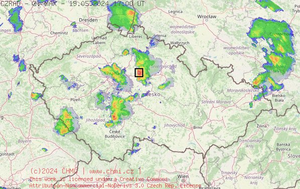 Radarový snímek ČR s kroupy - 19.05.2024 19:00