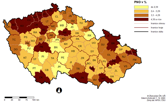 Mapa Podl nezamstnanch osob (PNO) na potu obyvatel v okresech R k 30. 11. 2020