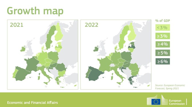 Mapa ekonomickho rstu v EU Evropsk unie 2021