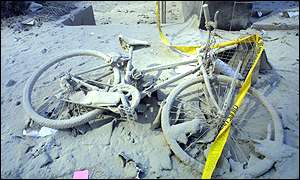 Bicycle covered in powder and debris