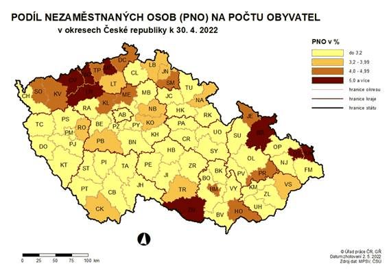 Podíl nezaměstnaných osob na počtu obyvatel v okresech ČR k 30. 4. 2022
