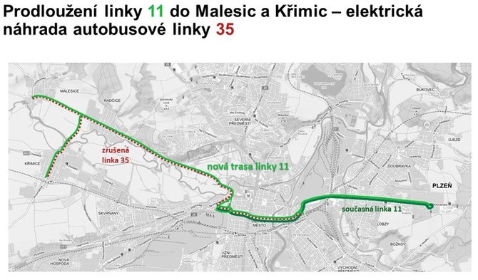 Mapka se zkresem tras stvajcch linek MHD . 11 (trolejbus) a 35 (autobus) a vedenm nov prodlouen trolejbusov linky . 11 od 1. z letonho roku