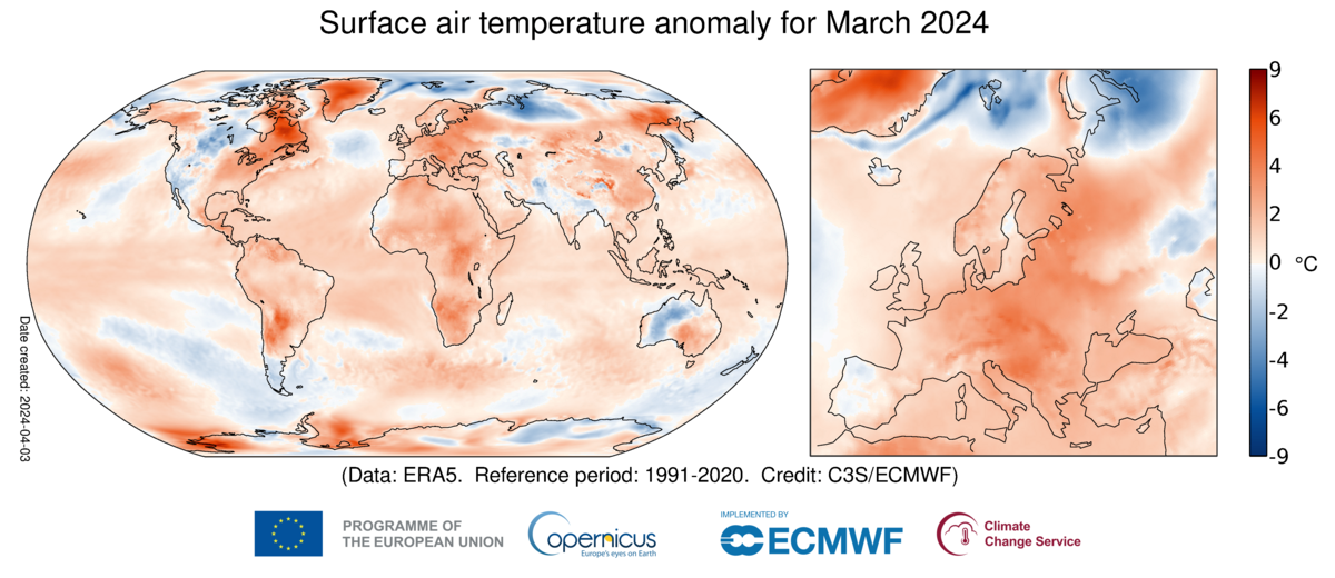 Anomálie přízemní teploty vzduchu pro březen 2024 ve vztahu k březnovému průměru za období 1991-2020.