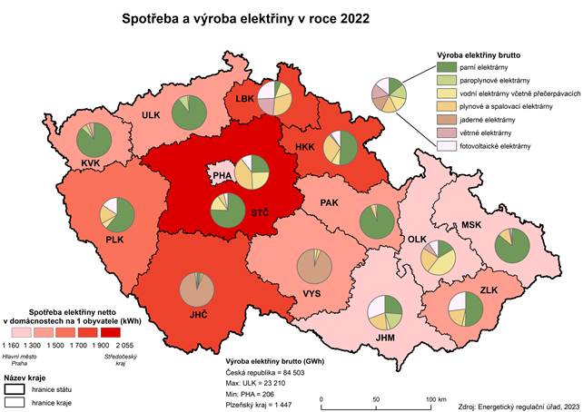 Kartogram: Spoteba a vroba elektiny v roce 2022